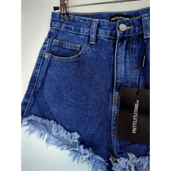 PrettyLittleThing Shorts Jean Mid Blue Frayed Hem Cheeky Shorts Size 2 - Picture 3 of 12